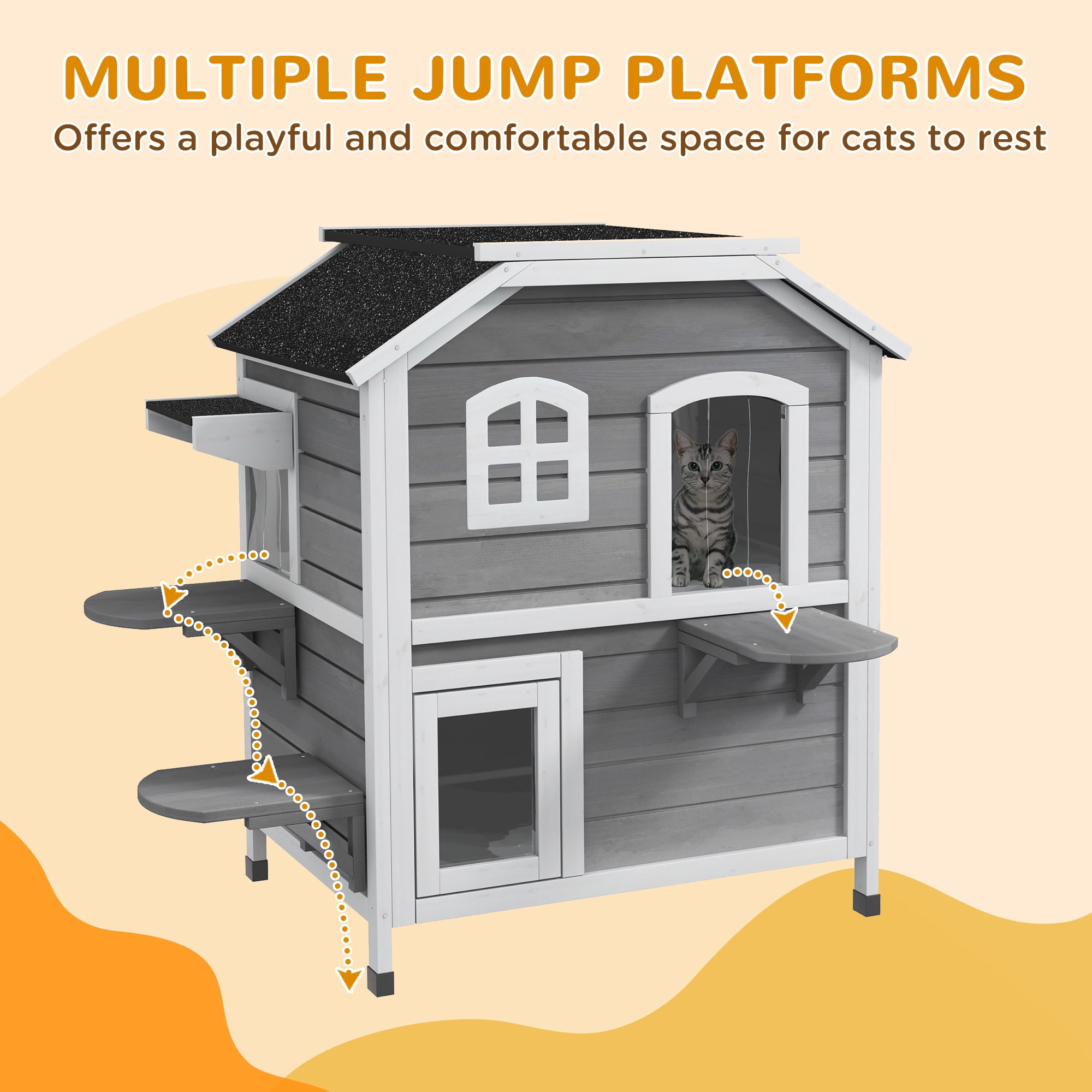PawHut 2-story Cat House Outdoor, Weatherproof Wooden Cat Enclosure for Feral Cats with Escape Door, Openable Roof, Jumping Platforms, Gray