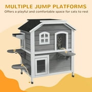 PawHut 2-story Cat House Outdoor, Weatherproof Wooden Cat Enclosure for Feral Cats with Escape Door, Openable Roof, Jumping Platforms, Gray