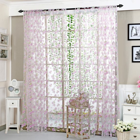 VerPetridure Green Leaf Pastel Flower Curtain Purple Flower Sheer Curtain Tulle Window Treatment Voile Drape Valance 1 Panel Fabric