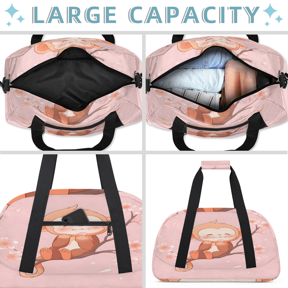 Herdesigns Pink Sports Duffle Bag for Women & Men, Cute Monkey Gym Bag Dance Bag Overnight Bag Carry On Weekender Travel Bag