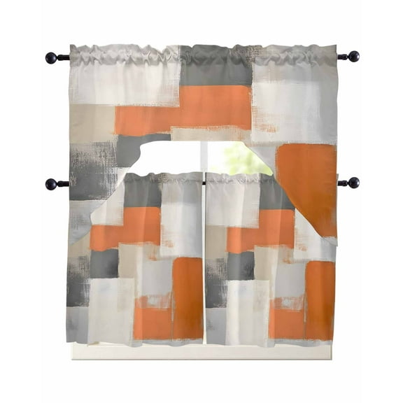 Orange Beige Geometric Kitchen Curtains Sets 36 Inch Length with Valance, Abstract Grey Oil Painting Swag Valances and Tiers Curtain Set Drapes Swag Curtains for Living Room, Bathroom, Bedroom, Cafe