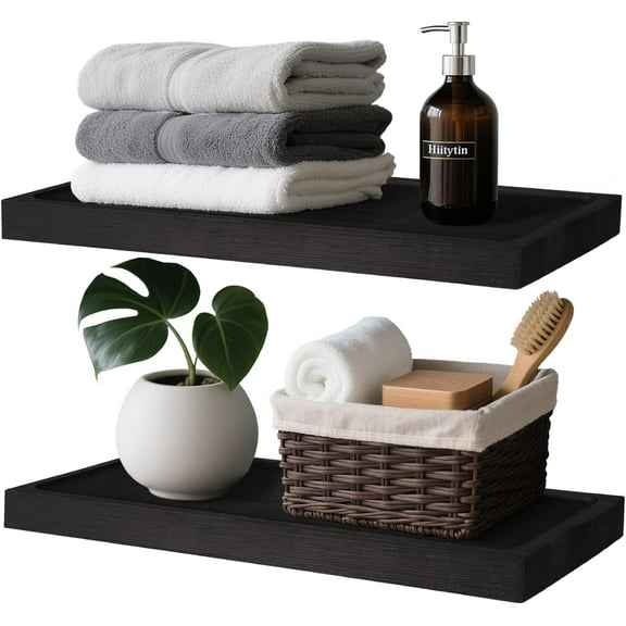 Solid Wood Floating Shelves for Wall 16 inch Bathroom Hanging Wall Shelves Set of 2 for Living Room Bedroom Kitchen Farmhouse 16x6.7 inch - Black