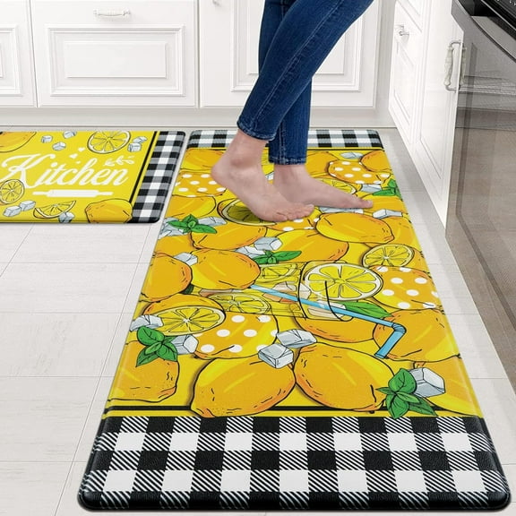 Kitchen Rugs Sets of 2 Lemon Kitchen Mats for Floor Plaid Kitchen Rugs Non Slip Washable, Anti Fatigue Mats for Kitchen Floor, Yellow Standing Floor Mats for Home/Office, 18''''x30'''' 18''''x48''''