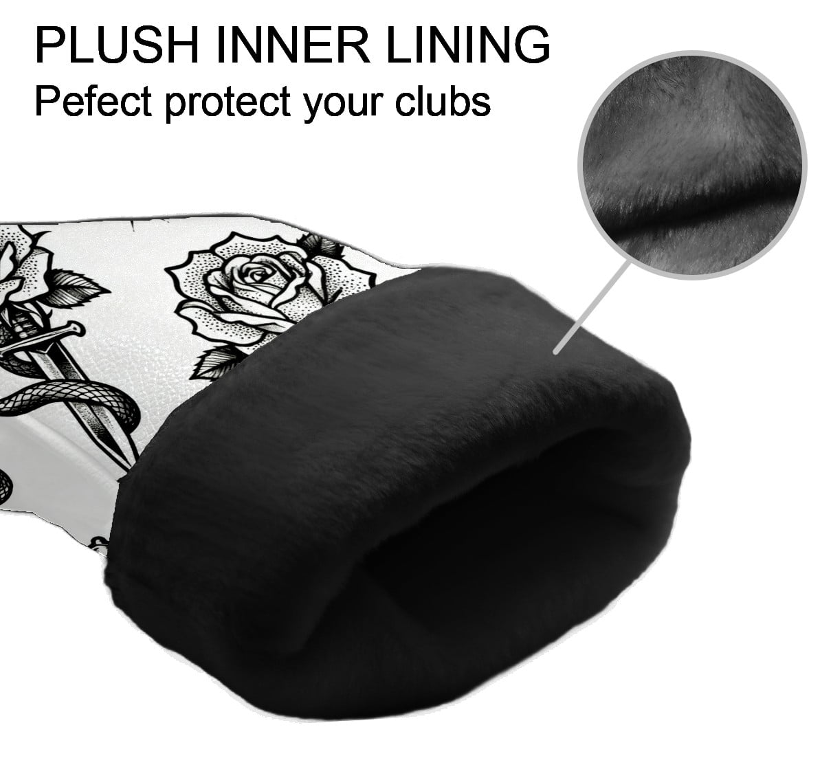Golf Club Covers, BlackWhite RoseSword Premium PU Leather Driver Hybrid Putter Head Covers with Velvet Lining, Waterproof Golf Gifts for Men Women
