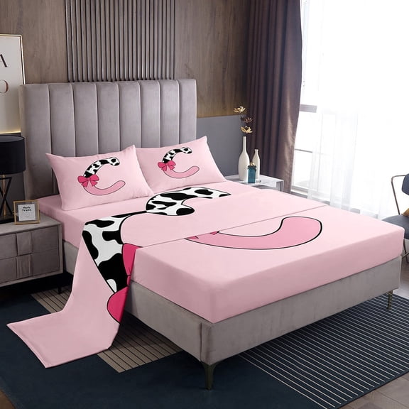 Erosebridal Monogrammed Letter Sheet Set Twin,Cattle Print Bedding Sets Twin Size,Breathable Bed Sheets Twin,Pink Bow Tie Decoration,3pcs