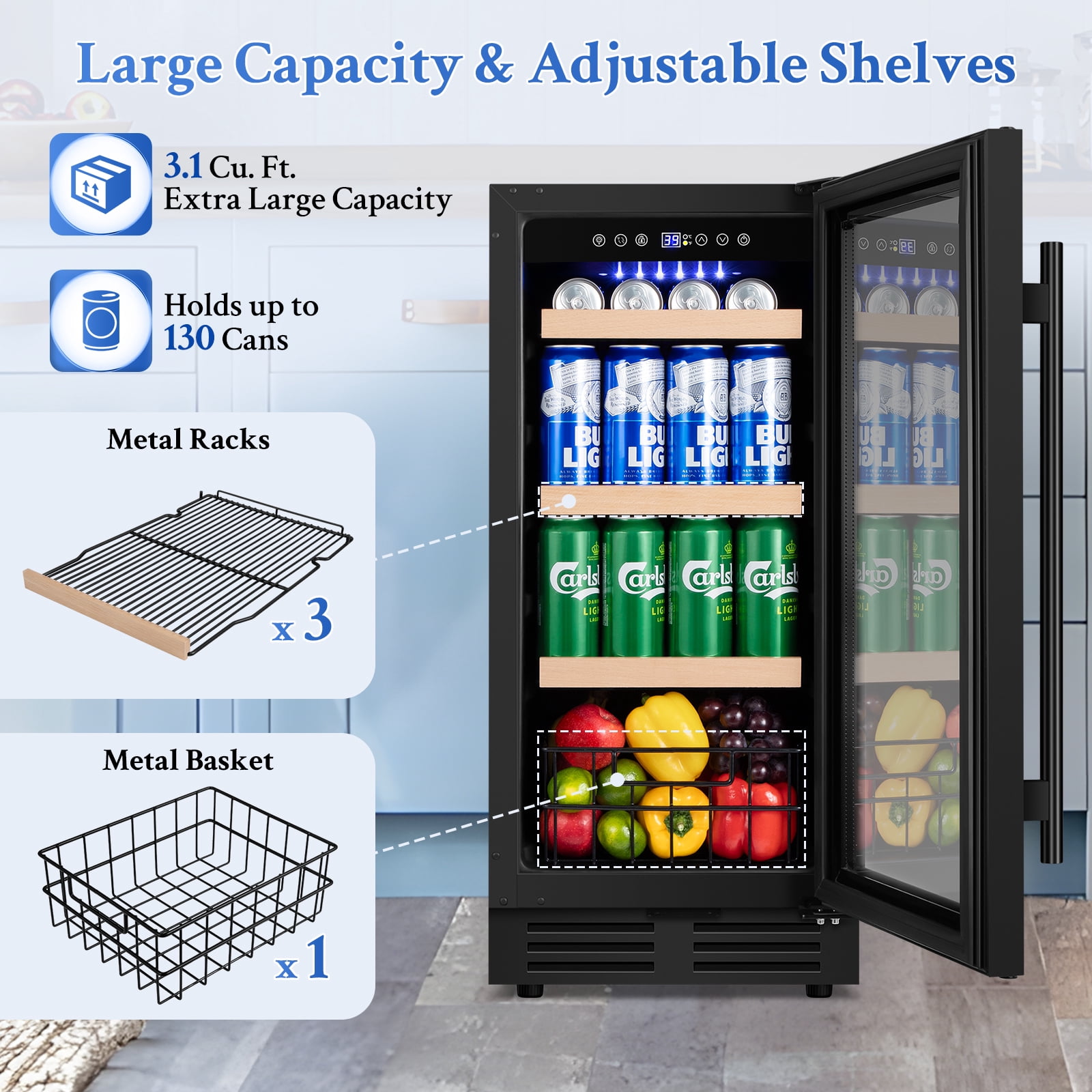 TITTLA Beverage Refrigerator with Glass Door,130 Cans 3.1 Cubic Feet Under Counter ,with Basket Design for Soda, Beer or Fruit,,Black