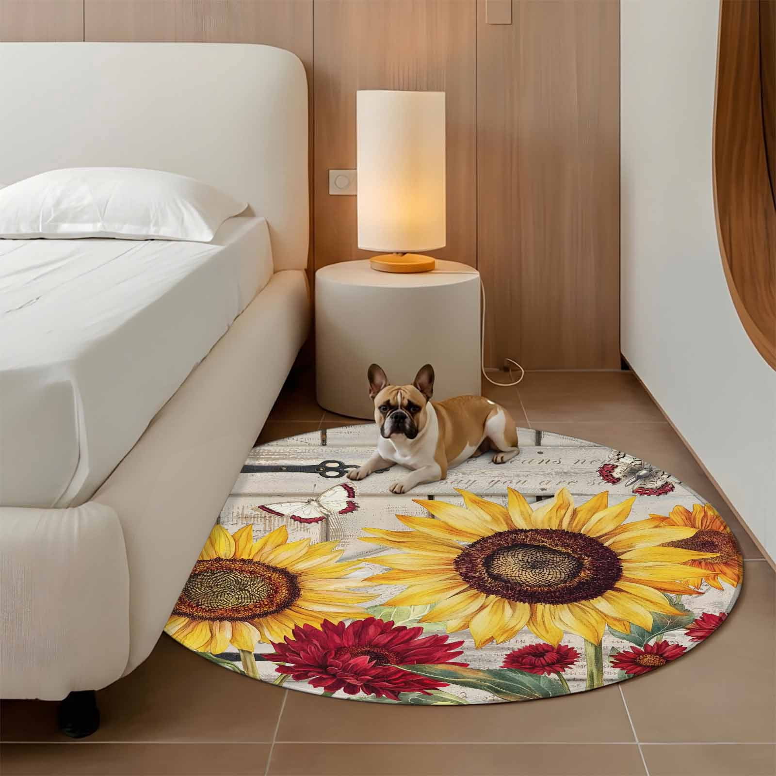 Round Area Rugs Collection 3 Ft, Red Yellow Sunflowers Non-Slip Residential Carpet, Retro Rustic Barn Doors Butterfly Brown Indoor Crawling Mats Doormat Runner Rugs Play Mat forBedroom