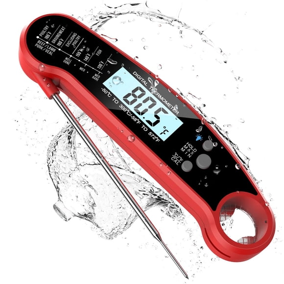 Zootealy Digital Meat Thermometer with Probe, Instant Read Food Thermometer for Grilling BBQ, Kitchen Cooking, Baking, Liquids, Candy & Air Fryer - IP67 Waterproof, Backlight & Calibration - Red/Black