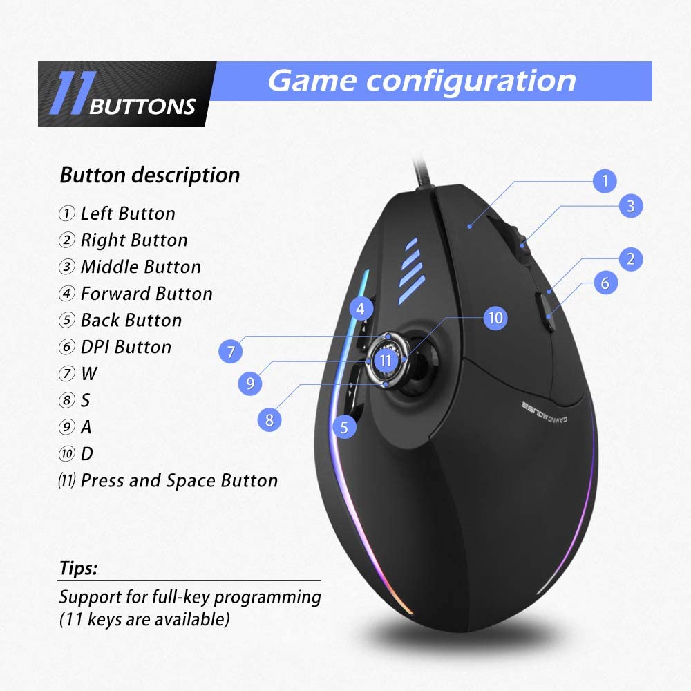 Vertical Ergonomic Wired Gaming Mouse, 5 Direction Rocker, 10000 DPI High Precision, 11 Programmable Buttons RGB Mouse for PC Laptop Computer Gamer