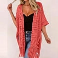 thumbnail image 2 of Open-Knit Tassel Cardigan for Women Summer Bohemian Lightweight Thin Cardigan Hollow Out Crochet– Beach Cover-Up with Tassel Fringe (Watermelon Red,One Size), 2 of 6