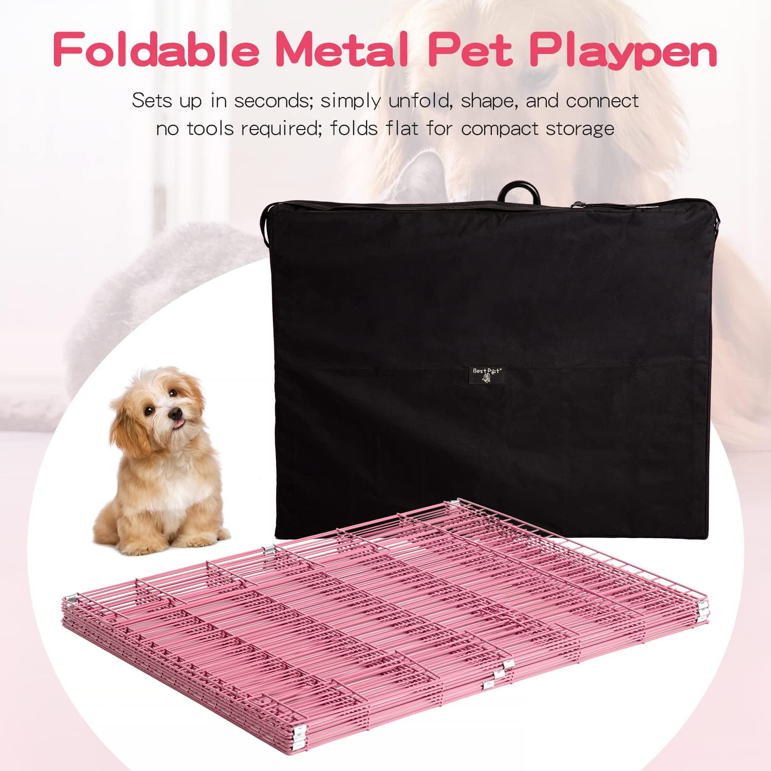 Dkelincs 36" Dog Fence for the House and Outdoor Puppy Playpen for Small Dogs, Portable Foldable Dog Playpen Metal Wire Pet Exercise Pen Enclosure, Pink