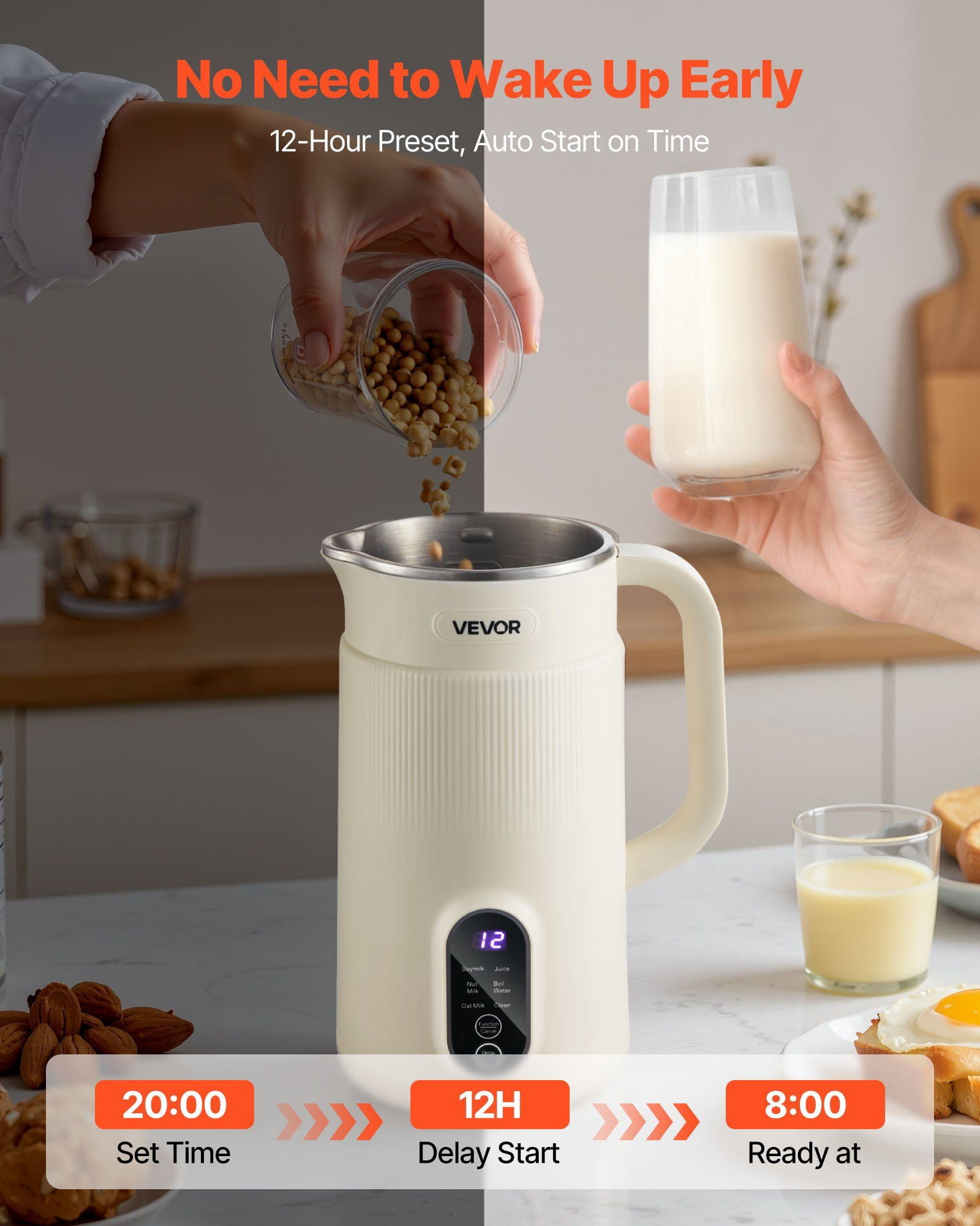 6-in-1 Nut Milk Maker, 20 oz Soy Milk Maker with Self-Cleaning & Delay Timer for Homemade Plant-Based Beverages - 6 Blades, Boil Water Function