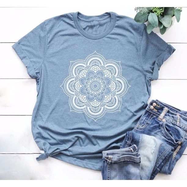 Patrón de loto verano estampado pulóver claro deseo dulce manga corta Eccomum Azul claro M