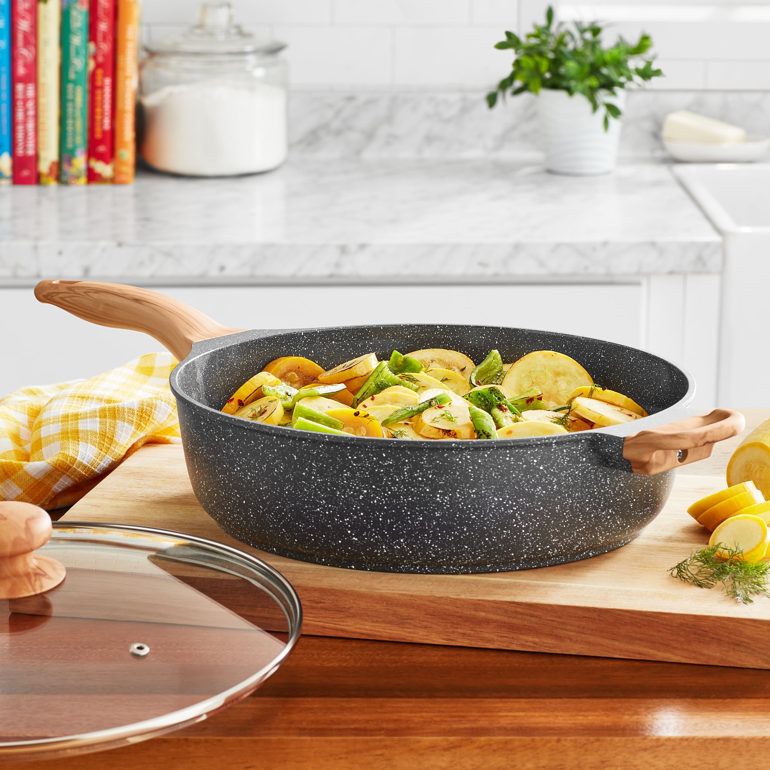 The Pioneer Woman Prairie Signature Saute Pan Jumbo Cooker, 6 Quart, Cast Aluminum, Charcoal Speckle