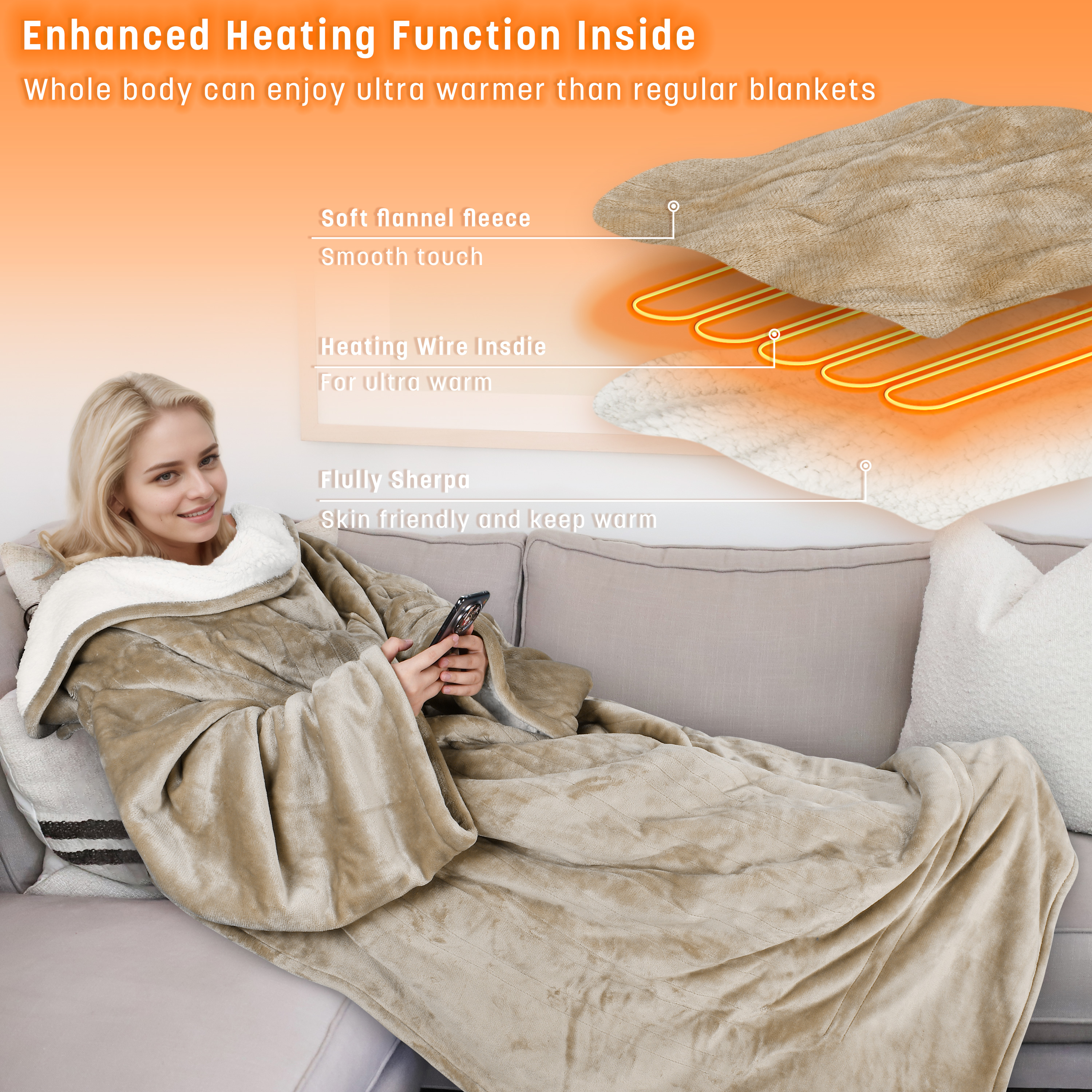 Catalonia Heated Blanket with Sleeves, Electric Snuggle Blanket for Women Men, Wearable Wired Heating Throw Blanket,Cold Gift