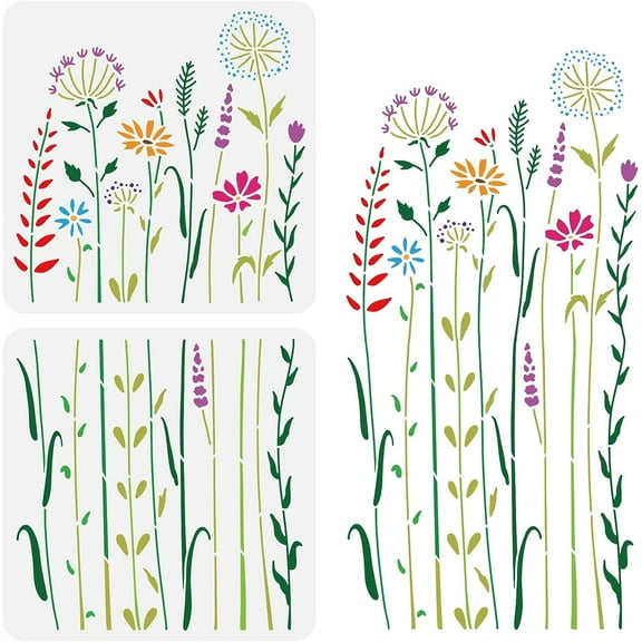 2Pcs Wildflower Stencils 12x12inch Tall Flower Weeds Tree Plants PET Painting Templates Drawing Stencils for Scrapbooking Floor Furniture Wall Art
