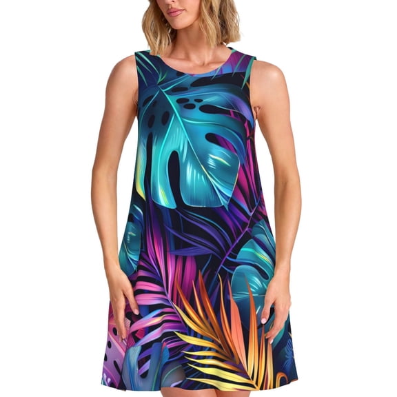Defioc Colorful Tropical Leaves Pattern Women's Summer Dresses 2025 Beach Casual Sleeveless Tank Loose Sundress Beach Vacation Clothes with Pocket -3X-Large