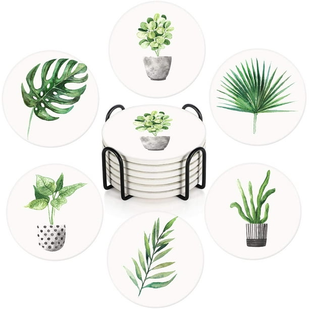 Britimes Juego de 6 posavasos para bebidas, hojas verdes absorbentes con base de corcho, soporte de metal, tapete redondo de piedra para bebidas, mesa de café, madera, regalo para cumpleaños, granja,