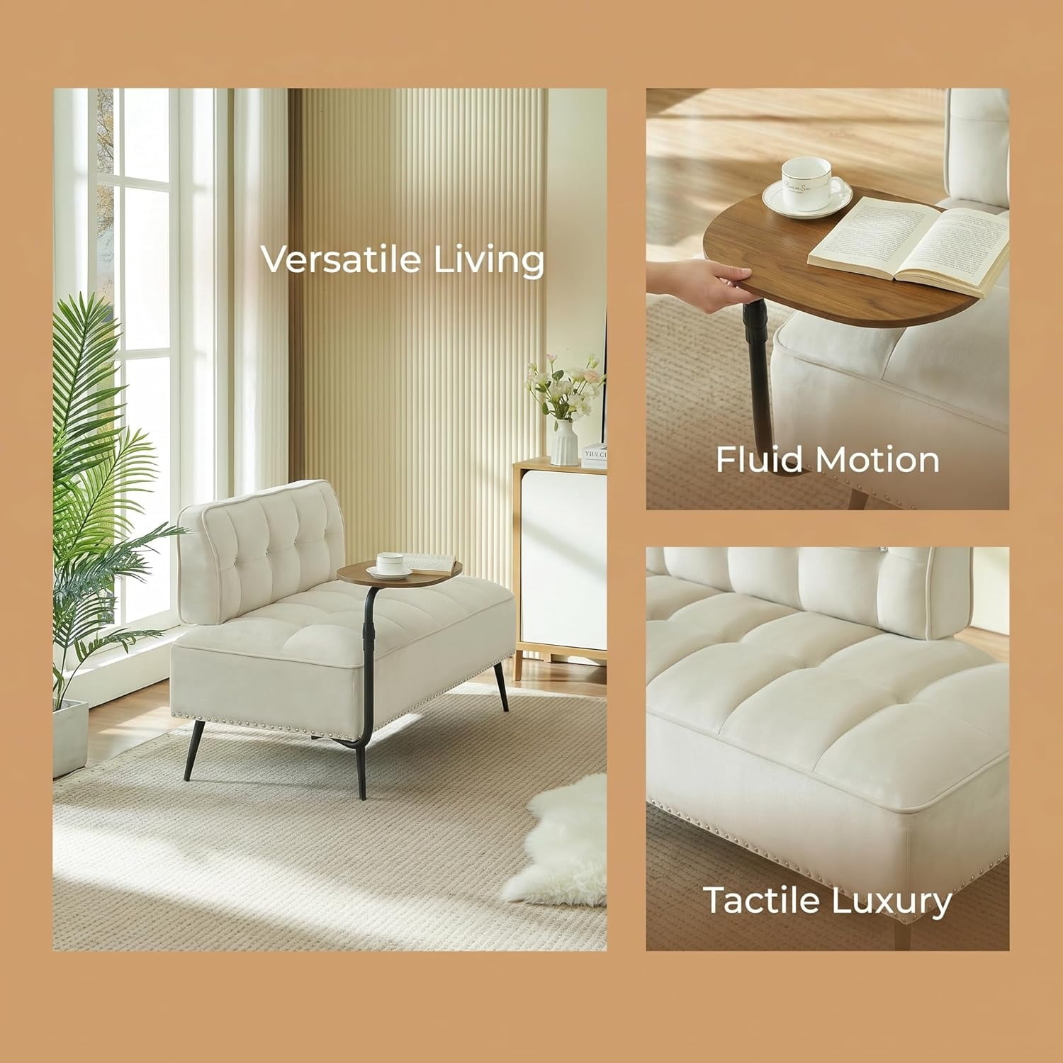 MOONMISS 54 inch 2-Seater Velvet Sofa with 360 Rotating Side Table Space Saving Multi Use Bench Office Living Room Apartment,Beige
