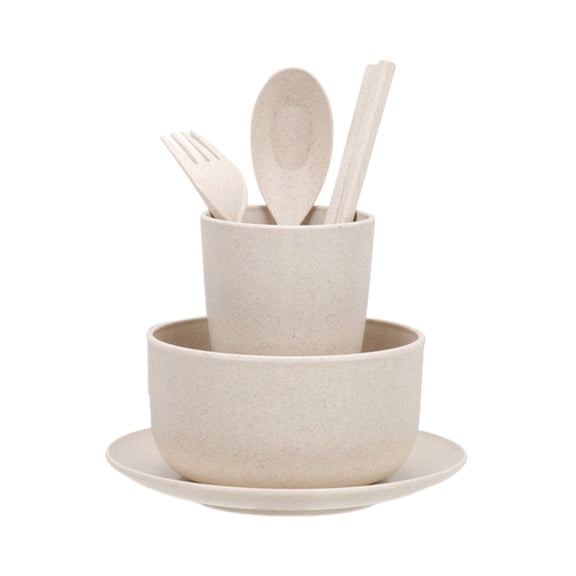 Wheat Straw Tableware Set 6-Piece Portable Dishware with Bowl Plate Cup Fork Spoon Chopsticks Eco-Friendly BPA-Free Plastic for Home Office Camping Travel