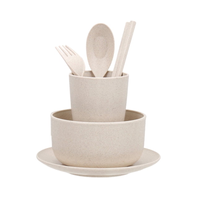Plates and Bowls Set 6 Piece Wheat Straw Tableware Includes Rice Bowl Platter Cup Chopsticks Spoon Fork Eco Friendly Dishwasher Safe