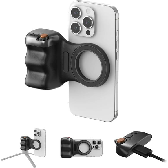 Camera Grip & Selfie Light,Multi-Function Magnetic Grip with Fill Light & Wireless Control | Detachable Phone Stand for Content Creators (Auction Hammer Black)