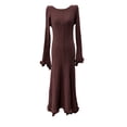 thumbnail image 3 of Female Fall Fashion Long Sleeve Maxi Dress Ribbed Knit Boat Neck Bodycon Casual Dresses Going Out Outfits Dark Brown S, 3 of 7
