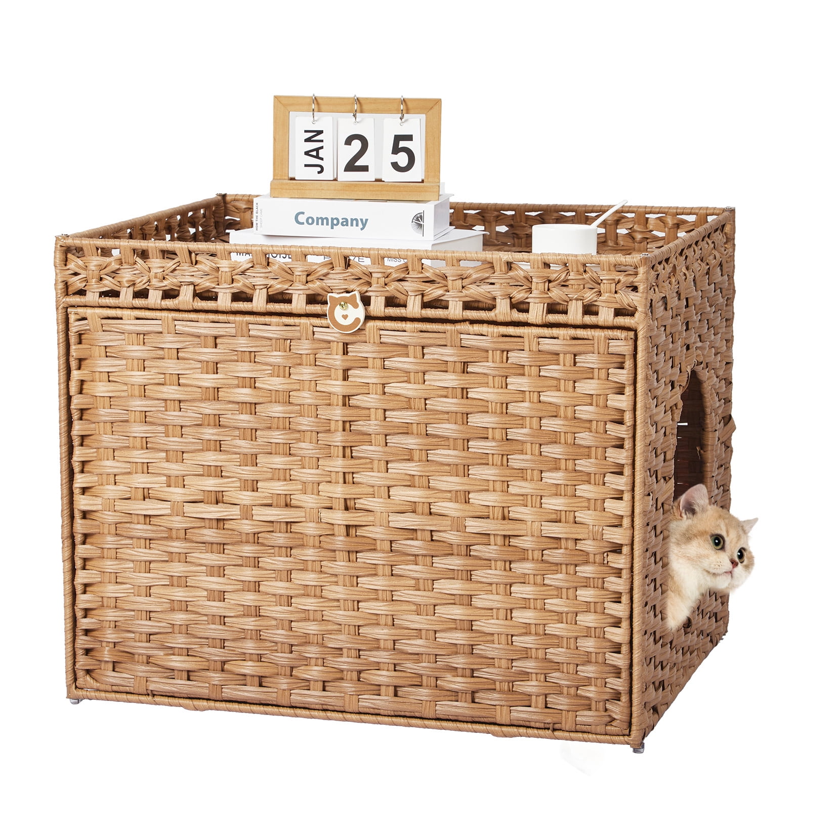 Hidden Cat Litter Box Enclosure Furniture, Handwoven Rattan Cats Litter Box Cabinet with Mat, Large Indoor Cat House with Fence, Cats Washroom Furniture for Living Room Apartment