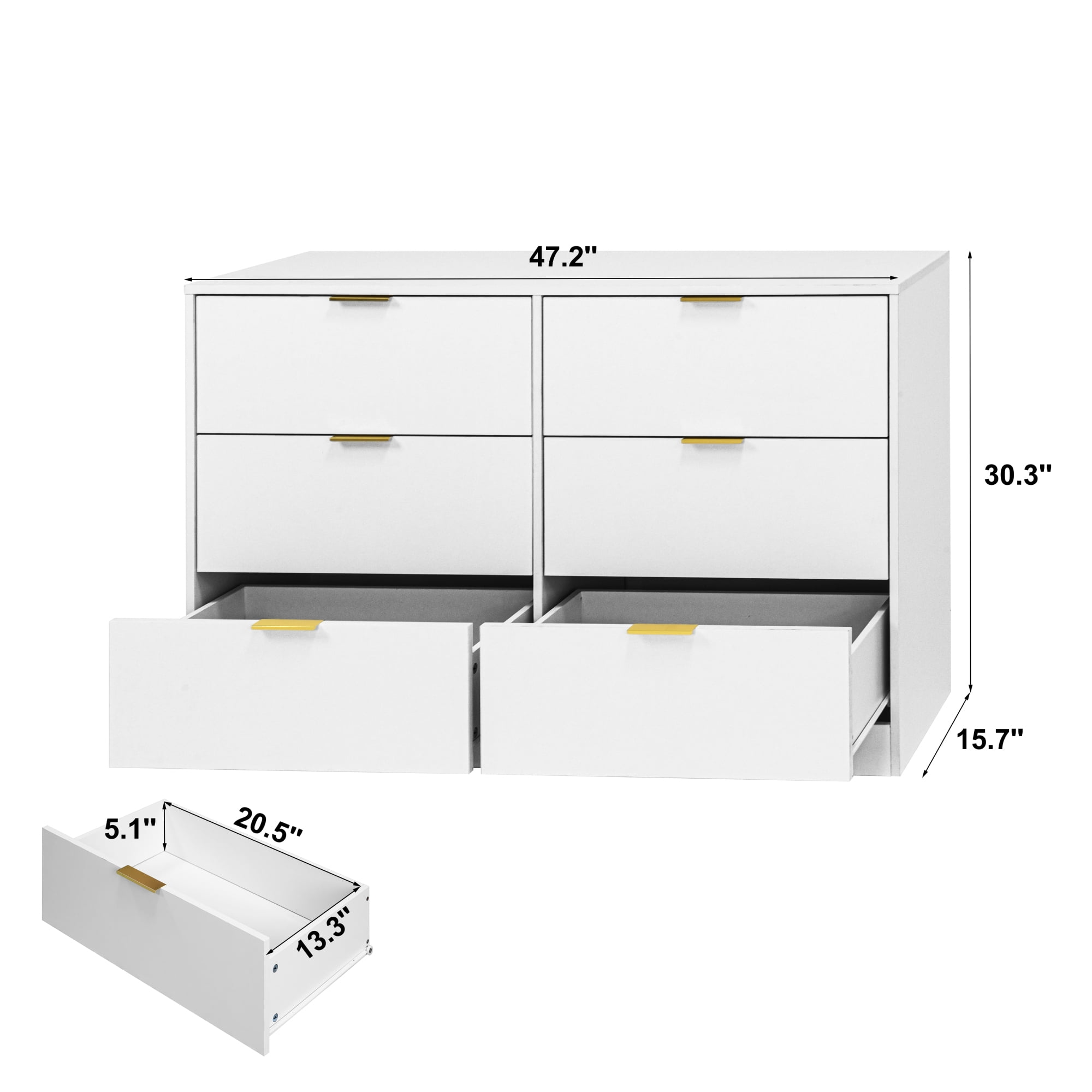 Modern 6 Drawer Dresser,Wood Chest of Drawers,Wide Storage Cabinet for Bedroom,Living Room,Hallway,White
