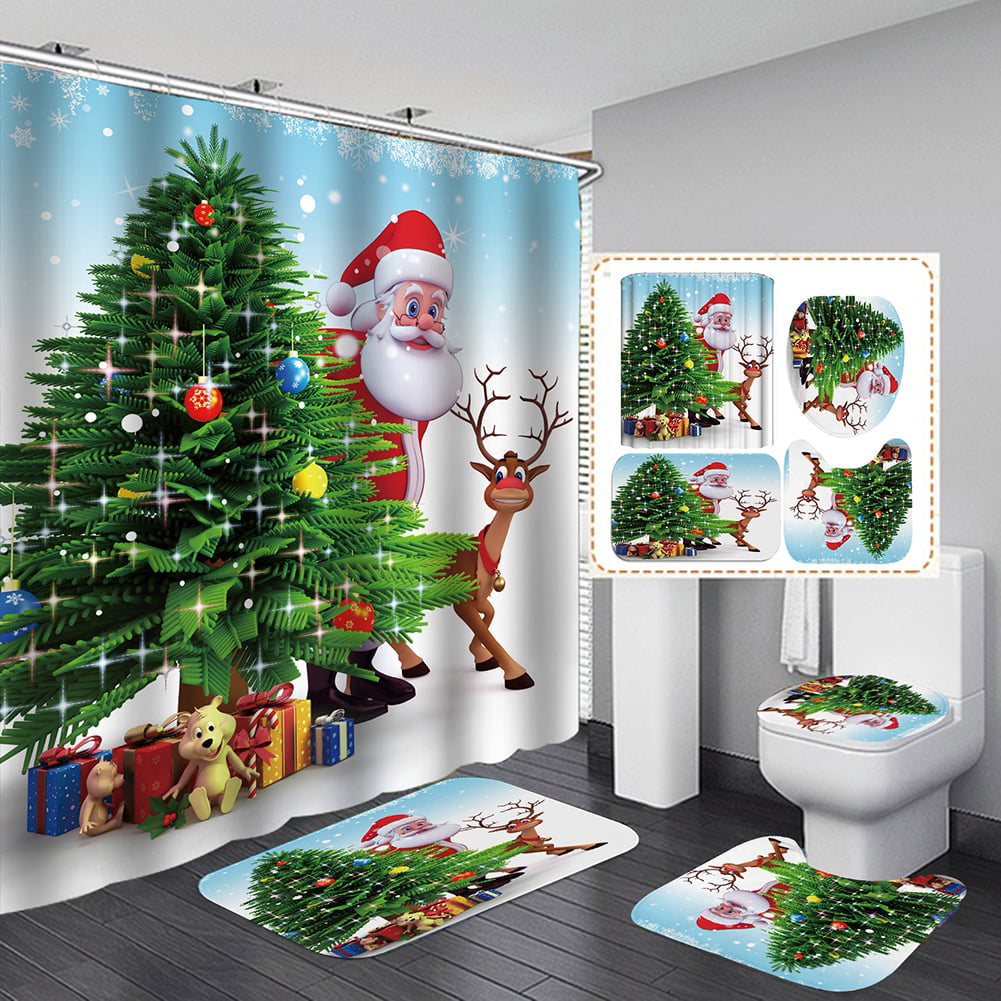 Parrot and Christmas Tree Shower Curtain Bathroom Decor Fabric & 12hooks 71x71in 
