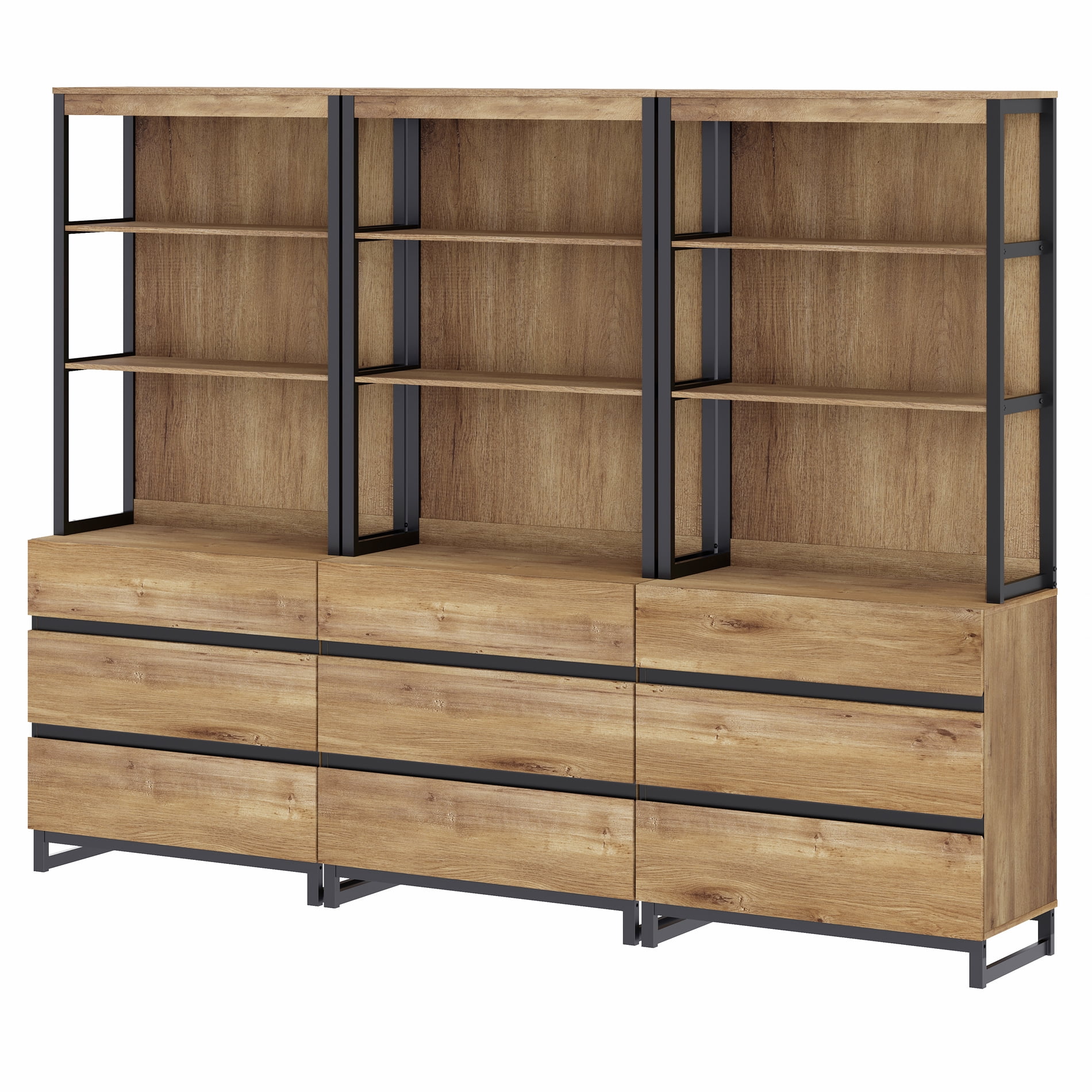 WAMPAT 3-Piece Modern 72" Tall Library Bookcases with 9 Drawers & Open Shelves, Wood Freestanding Bookshelves with Storage Cabinet & Metal Base for Home Office & Living Room, Oak