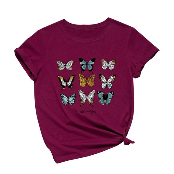 Rutainlusire Women Tops Women's Casual Loose Butterfly Print Round Neck Top T-Shirt