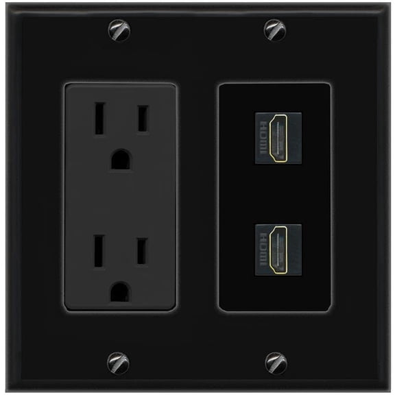 RiteAV 15A Power Outlet 2 Port HDMI Jack Decorative Wall Plate [Black]