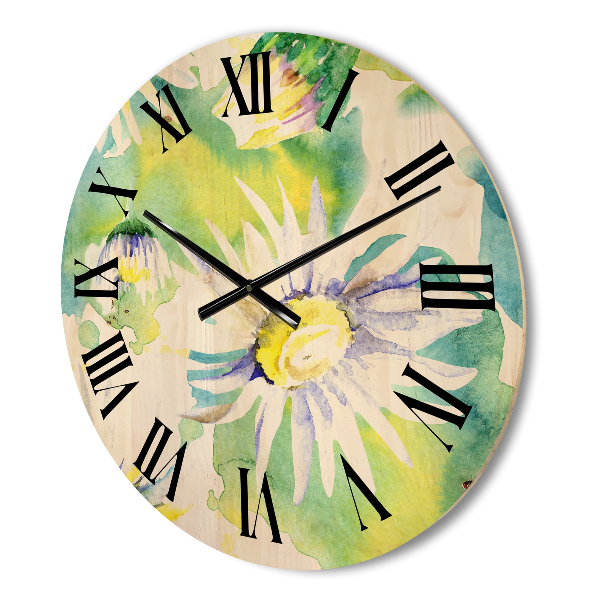 Designart 'Aquarelle Impression of Daisy Flowers II' Traditional Wood Wall Clock