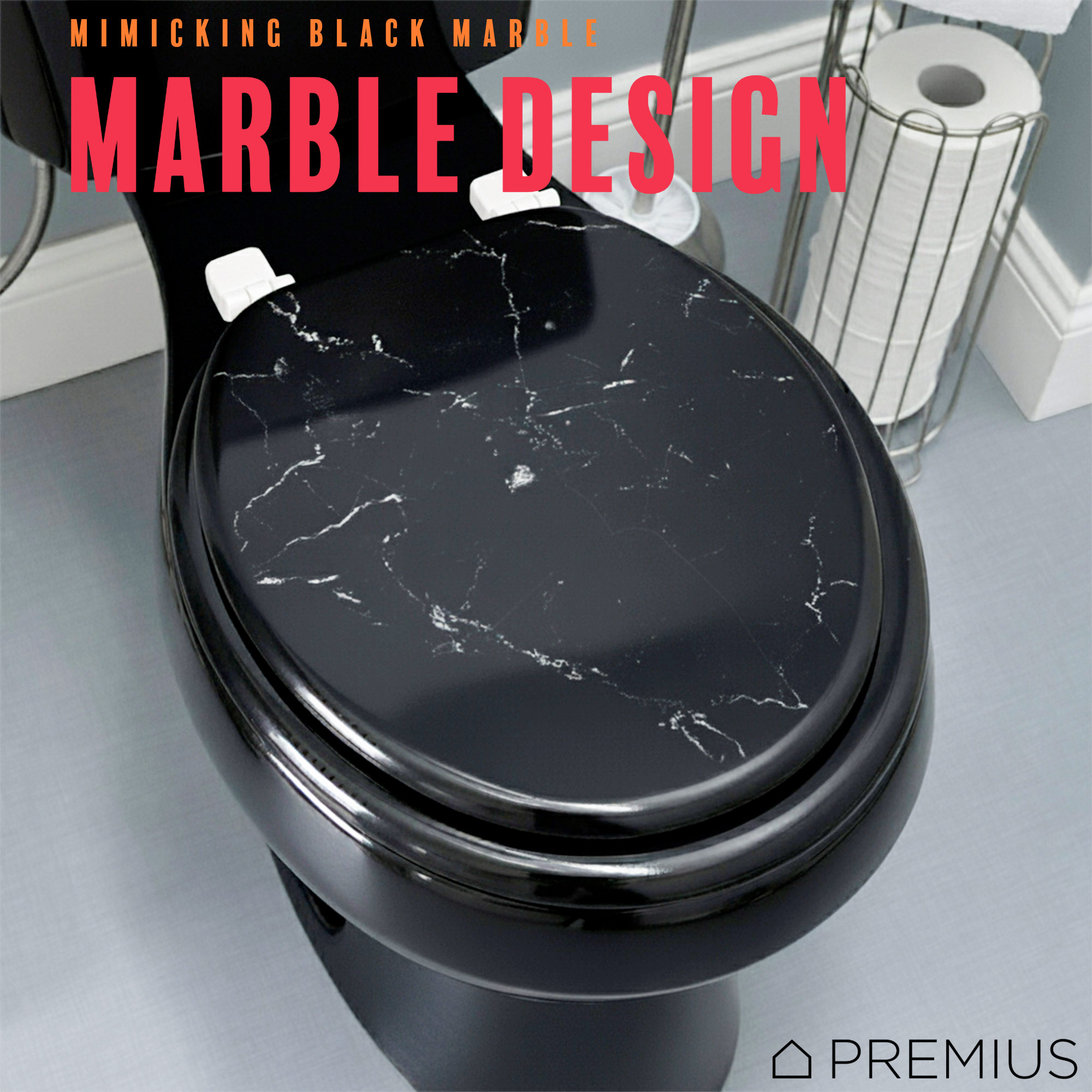 PREMIUS Printed MDF Wood Round Toilet Seat with Plastic Hinges, Black Marble, Standard 17 Inches
