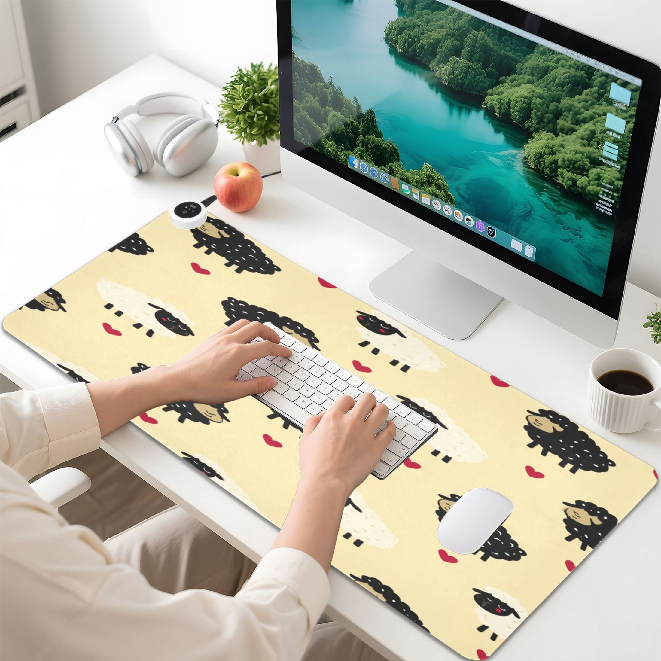 Large Heated Desk Mat Mouse Pad 31.5"x13"PU Leather Graphene Heating Desk Warmer with 3 Temperature Settings 110V US Plug Non-Slip Warm Pad for Home, Office, and Gaming Cute Sheep Heart Pattern