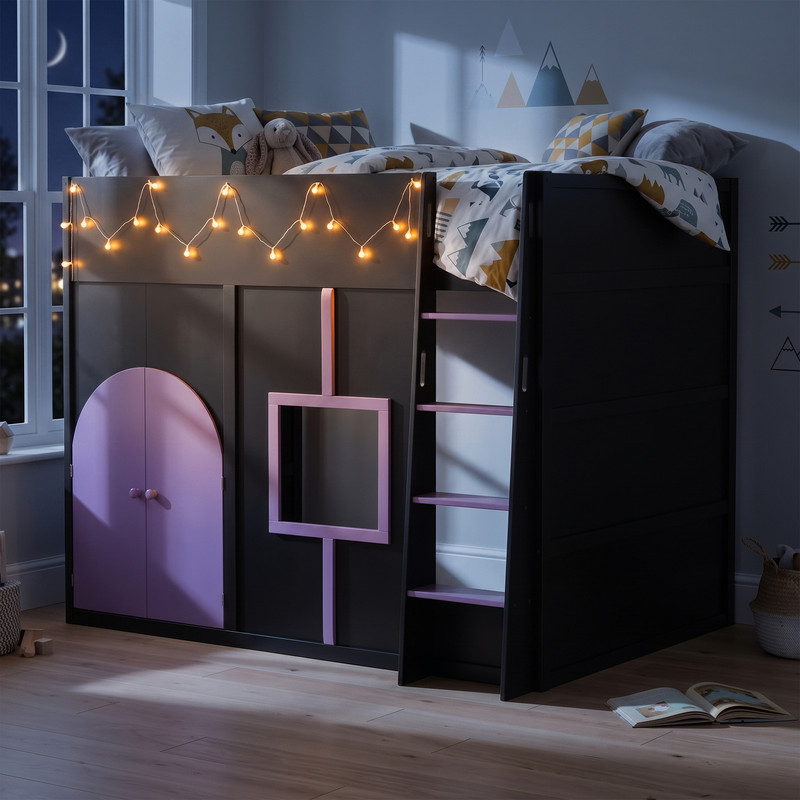 Full Size Playful Child Loft Bed with Doors & Window, Wood Kids House Bed Frame with Light Strip & Built-In Ladder