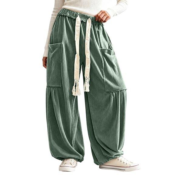 KLHDSF Women's Baggy Wide Leg Pants Casual Drawstring Harem Pants Bohemian Trousers with Big Pockets Green L