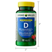 (3 pack) Spring Valley Extra Strength Vitamin D3, 125 mcg (5,000 IU), 90 Count, Strawberry Flavor, Dietary Supplement Fast Dissolve Tablets