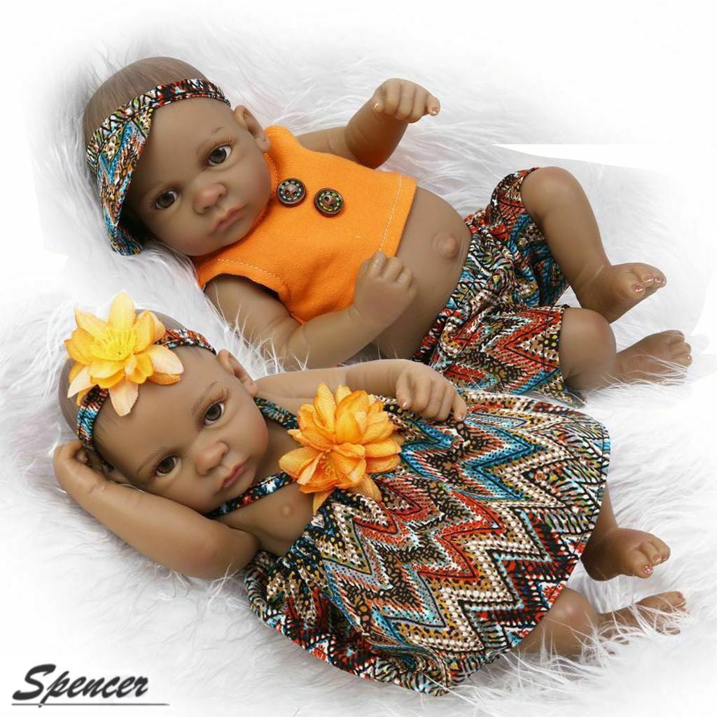 2PCS Handmade 11" Mini Reborn Dolls African American Baby Twins Boy+Girl Dolls 