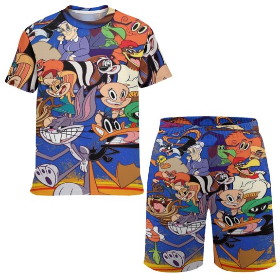 Looney Tunes Cartoons Boys Girls Short Sleeve Mesh T-Shirt And Shorts Outfit Set Summer Clothes Set for Kids
