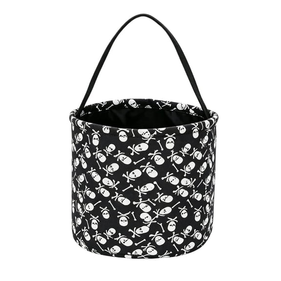 YIGOUMY - Black Skeleton Print Halloween Fabric Storage Bucket with Carry Handle, Reusable Candy Treat Basket, Foldable Holiday Organizer for Trick-or-Treat Snacks, Front Yard Party Decor (A)