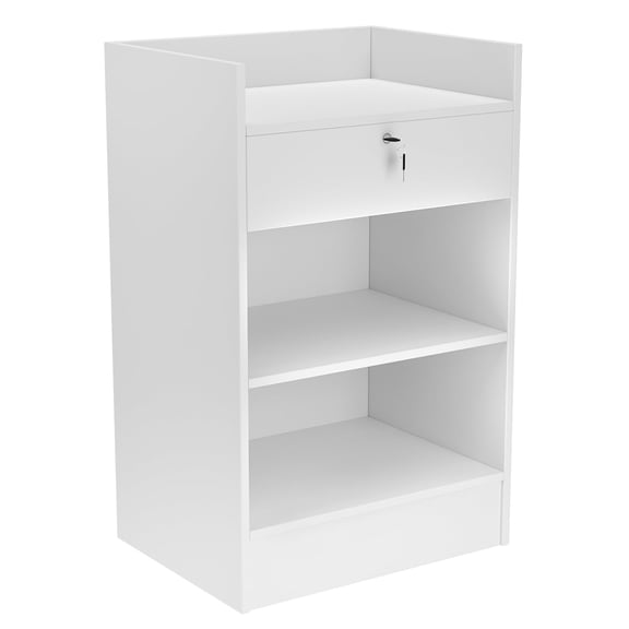 24”W * 18”D * 38”H - White Cash Register Stand，Cash Wrap Checkout Desk Counter Stand with Drawer & 2 Tiers Storage for Church, Retail Store, Debate, Shopping Mall