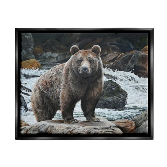Stupell Industries Grizzly Bear by Waterfall Animals & Insects Painting Black Floater Framed Art Print Wall Art, 21 x 17