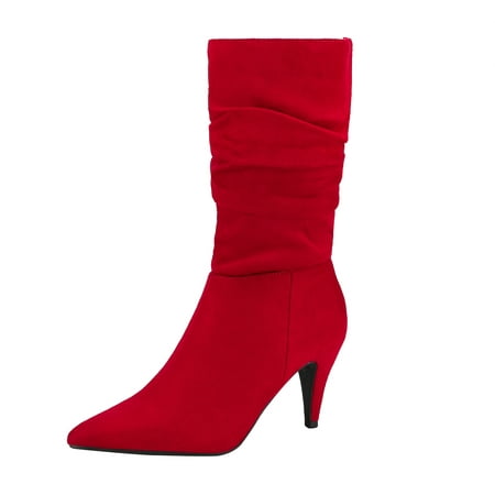 

Dream Pairs Women s Fashion Pointed Toe Mid Calf Boots Stiletto High Heel Slouch Zipper Boots KIMLY RED/SUEDE Size 6