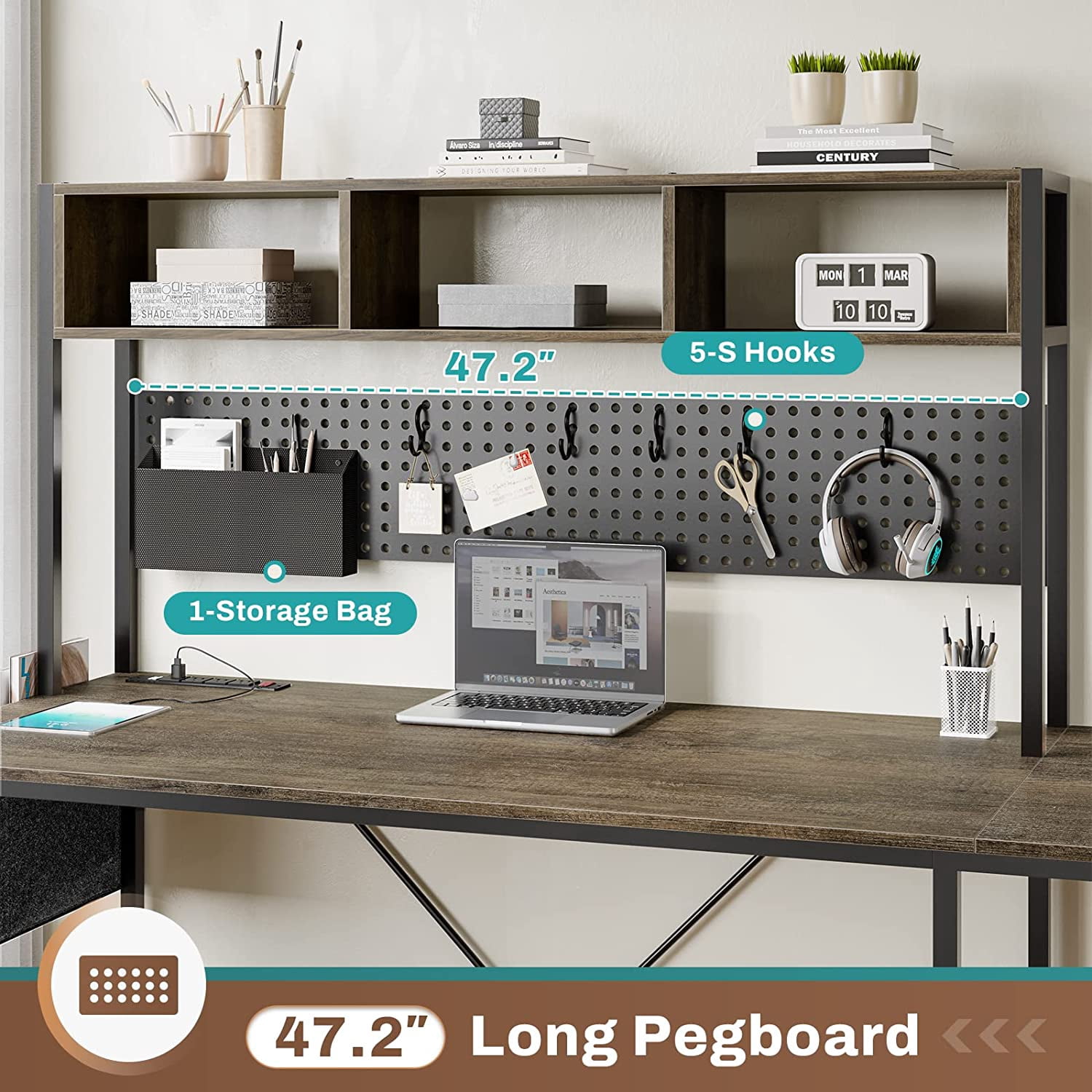 Reversible Gaming Desk with LED Lights & Power Strips, L-Shaped Computer Desk with Storage Shelves & Pegboard for Home Office, Dark Gray