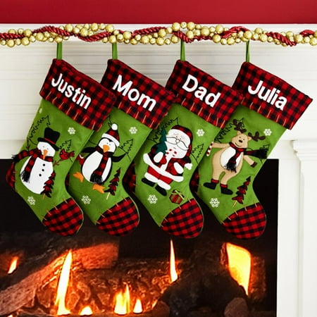 Personalized Rustic 3-D Character Plaid Cuff Christmas Stocking