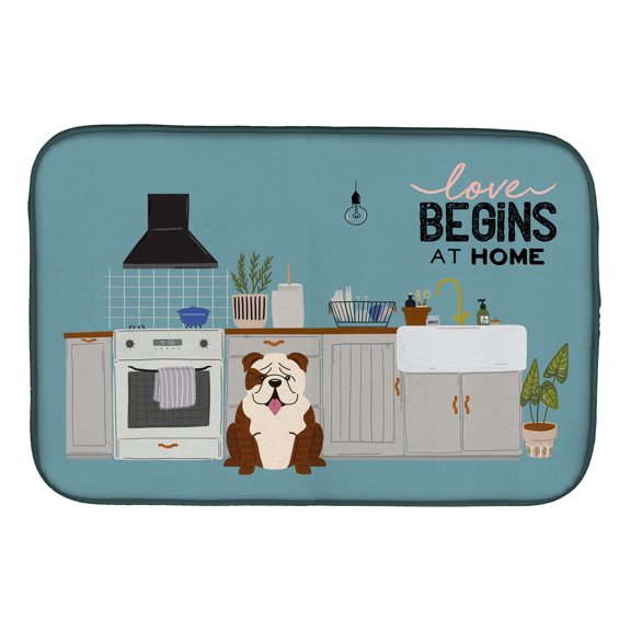 Brindle White English Bulldog Kitchen Scene Dish Drying Mat