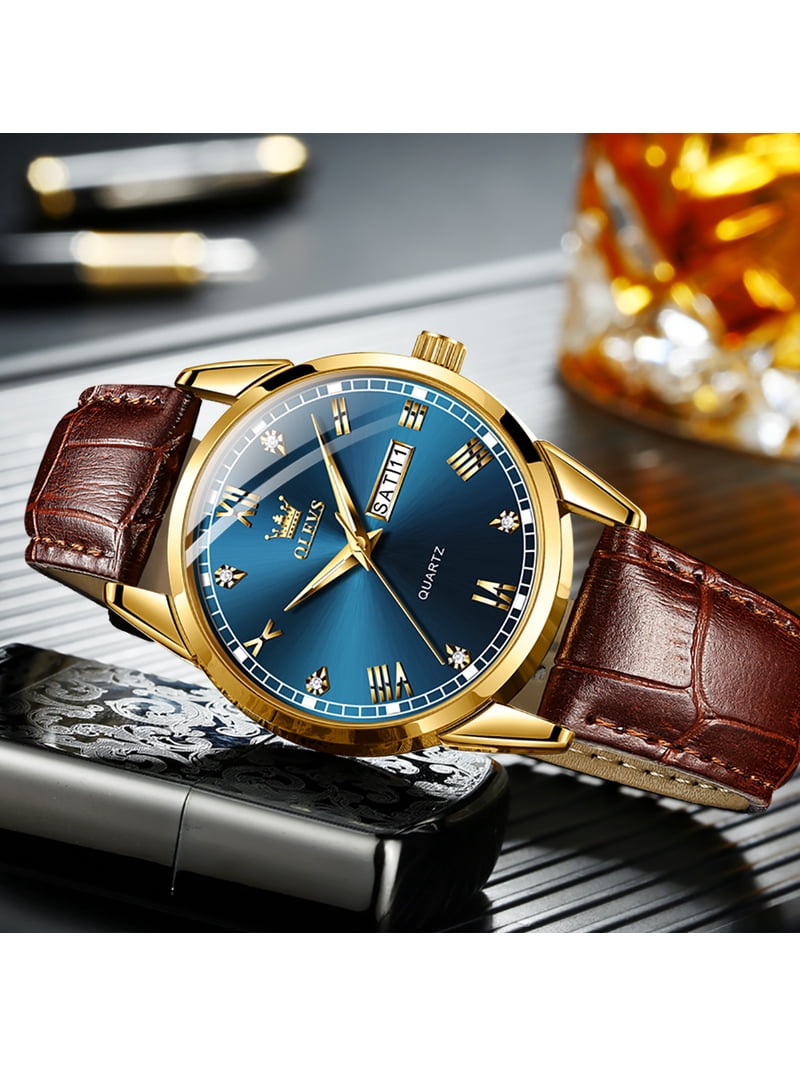 OLEVS Mens Watches,Leather Watch for Men,Gold Plated Case Analog Quartz  Fashion Business Dress Watch Luminous Waterproof Casual Male Wrist Watches  Reloj para Hombre - Walmart.com