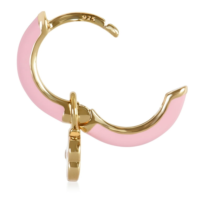 Gold Plated Pink Enamel Huggie Hoop with White Flower Charm - Main Image